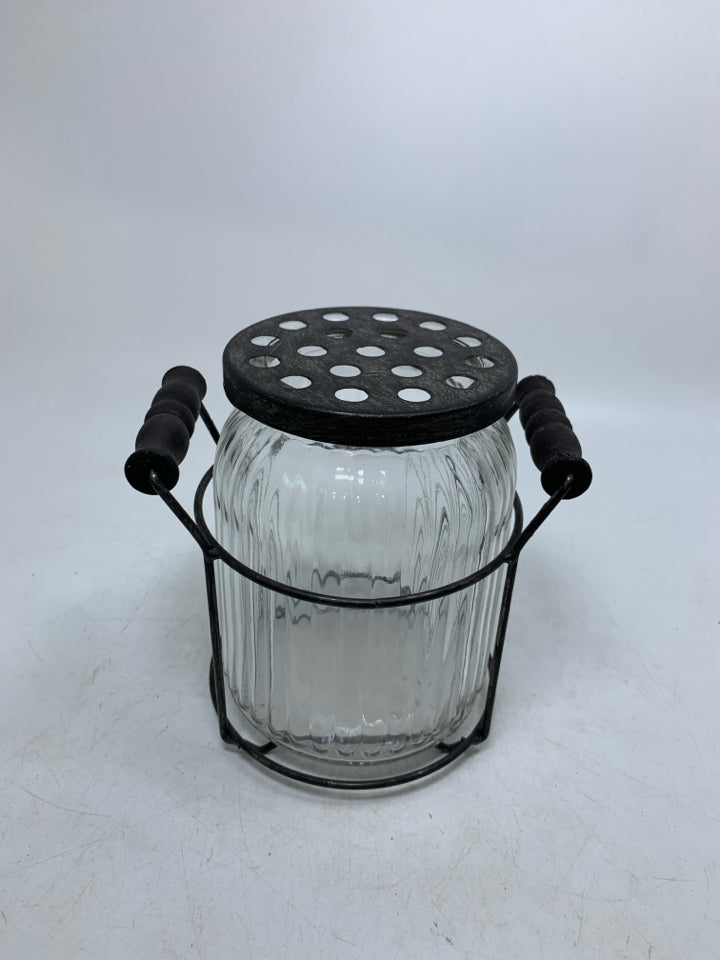 RIBBED GLASS FLOWER FROG W/ METAL TOP/STAND.