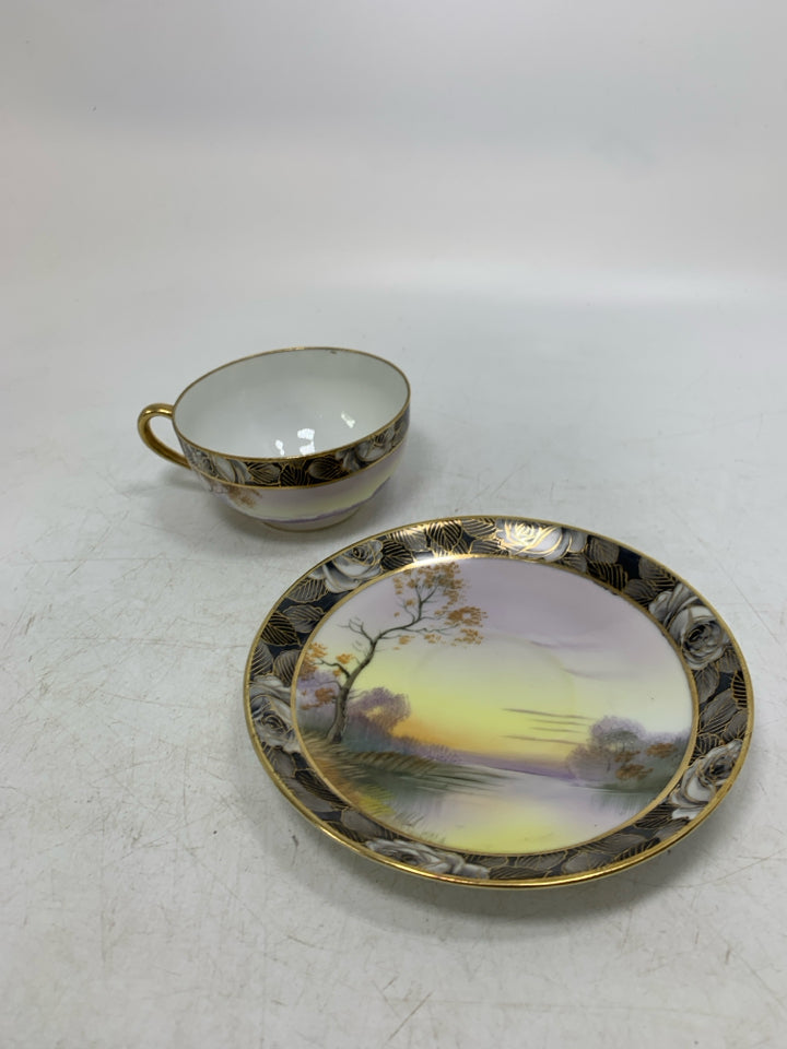 POND SCENE W/ CHANGING LEAVES W/ GOLD DETAILS TEA CUP.