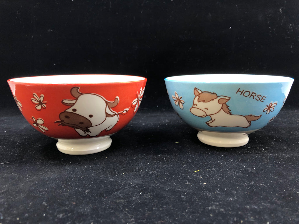 2 BLUE AND RED HORSE AND COW SMALL BOWL.
