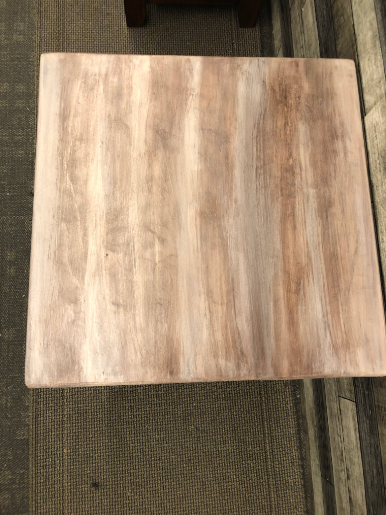 SQUARE WHITE WASHED SIDE TABLE W/BLACK BOTTOM, TWO DRAWERS.