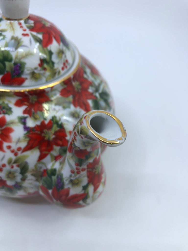 WHITE W/ RED POINSETTIA TEA POT.