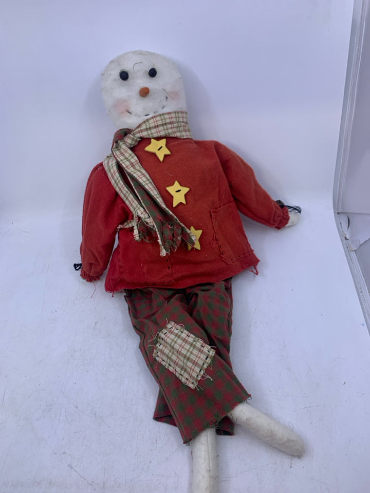 PRIMITIVE STYLE PLUSH SNOWMAN W/ RED SHIRT STAR BUTTONS.