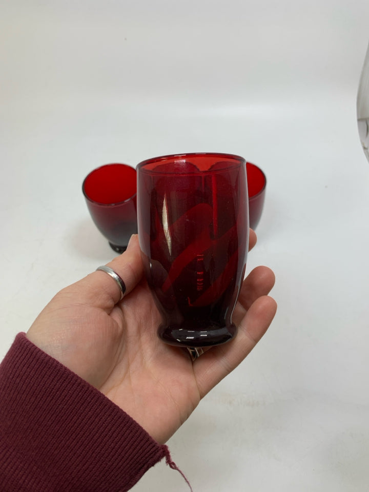 4 RUBY RED GLASS SMALL JUICE GLASSES.