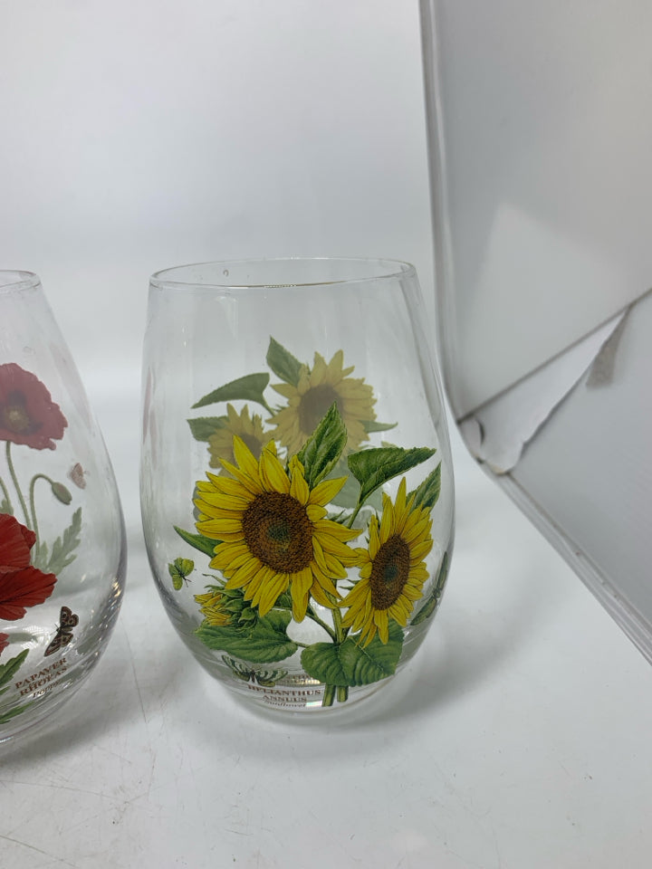 4 BOTANIC GARDEN STEMLESS WINE GLASSES ASSORTED.