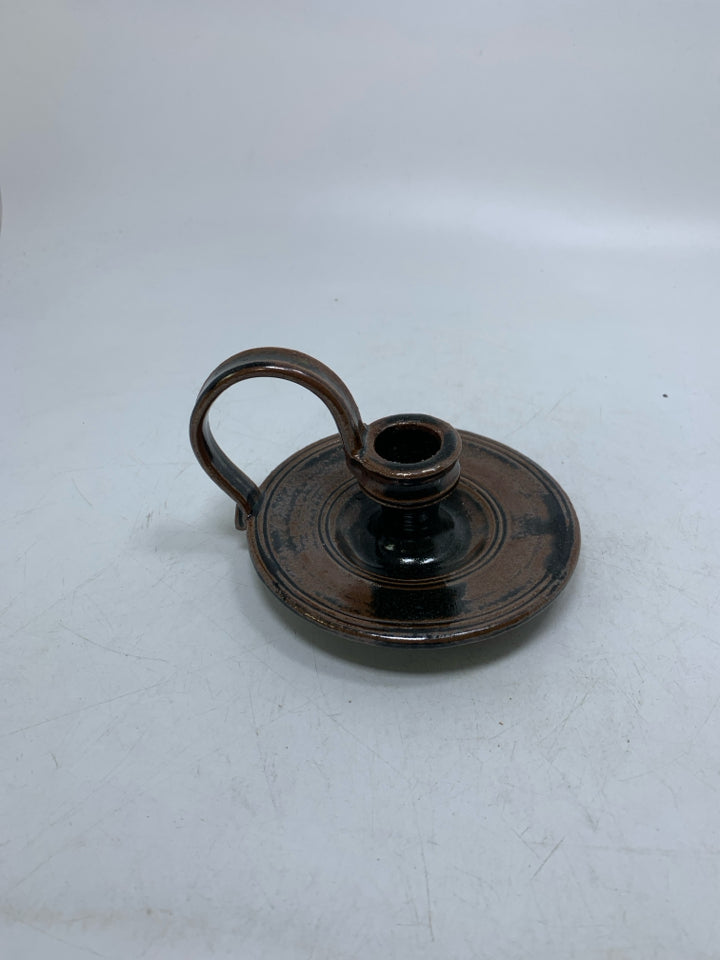 SHORT BROWN/BLACK TAPERED CANDLE HOLDER POTTERY.