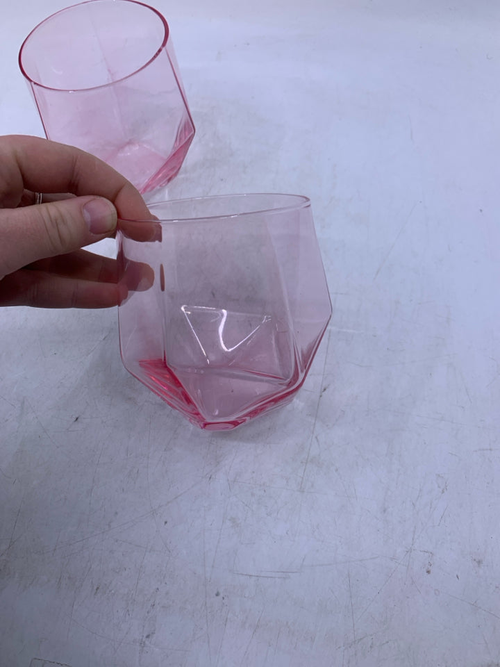 2 STEMLESS PINK GEOMETRIC SHAPED WINE GLASSES.