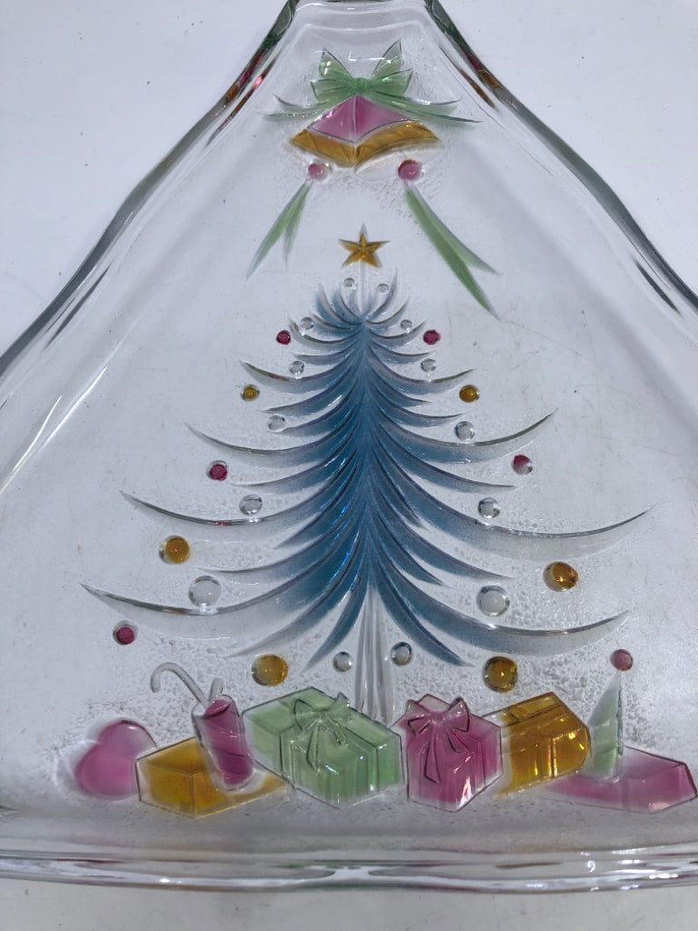 CLEAR GLASS TREE PLATTER COLORFUL ACCENTS.