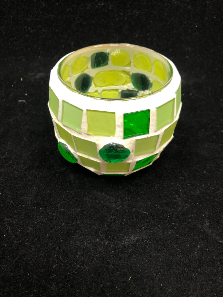 GREEN MOSAIC VOTIVE CANDLE HOLDER.