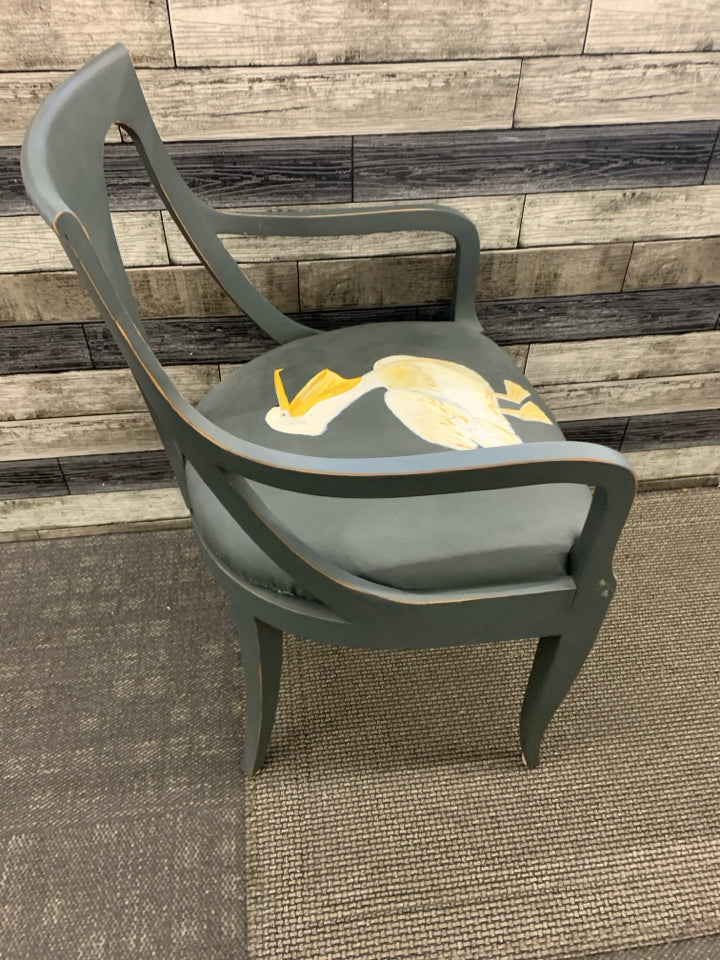 2 REFURBISHED DARK GREY ACCENT CHAIRS W/ PAINTED SEA BIRDS ON SEAT.