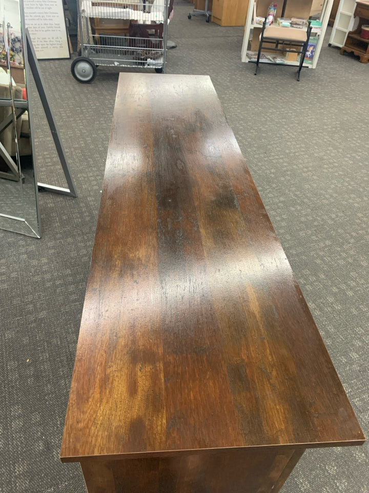 DARK WOOD ENTERTAINMENT CENTER W/2 DRAWERS & 2 OPEN SHELVES.