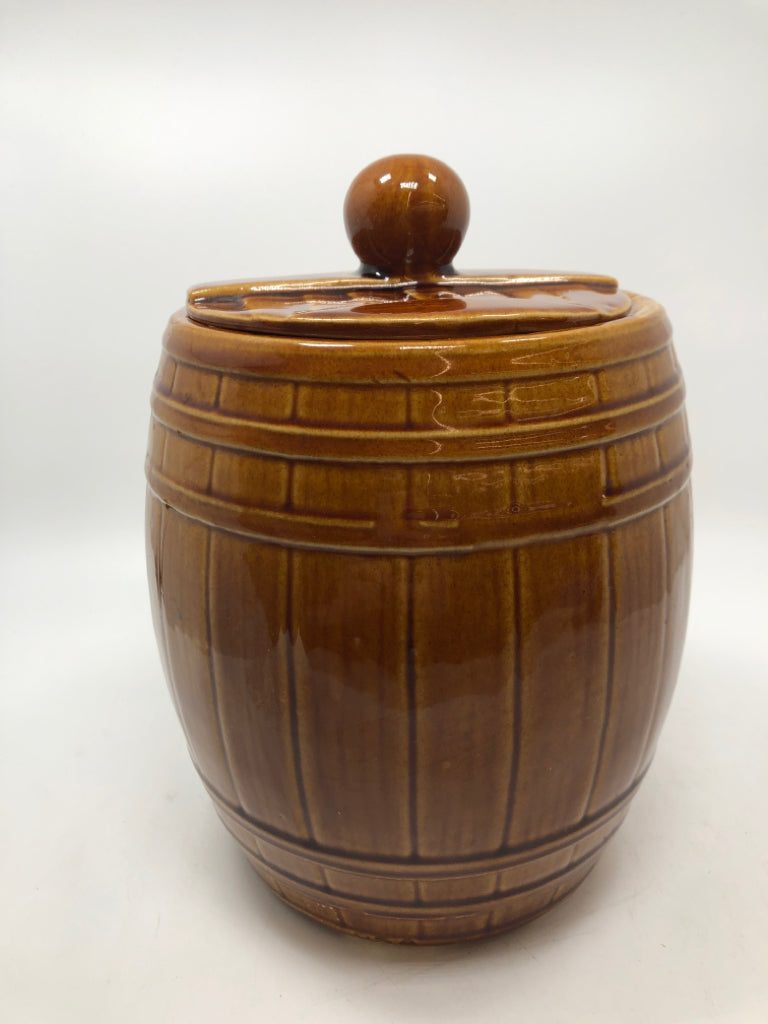 VTG GLAZED BARREL COOKIE JAR.