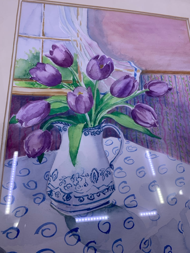 PURPLE TULIPS IN PITCHER IN GOLD FRAME WALL ART.