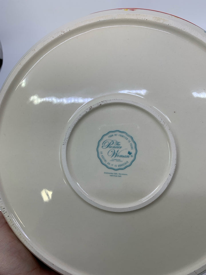 RED/BLUE FLORAL PIE DISH W/ BEADED EDGE.