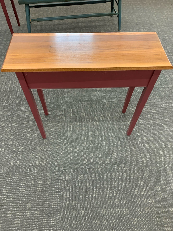 WOOD SOFA TABLE W/DRAWER AND RED PAINTED LEGS.