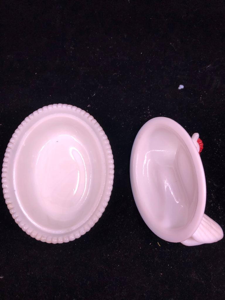 VTG MILK GLASS HEN IN BASKET.