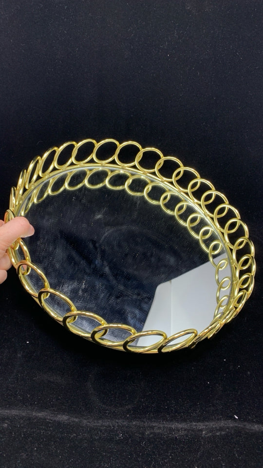 TRAY W/GOLD RING RIM+MIRROR BASE.
