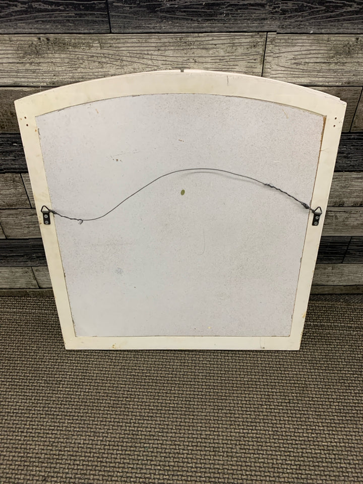 WHITE WOOD FAUX WINDOW PANE MIRROR WALL ART.