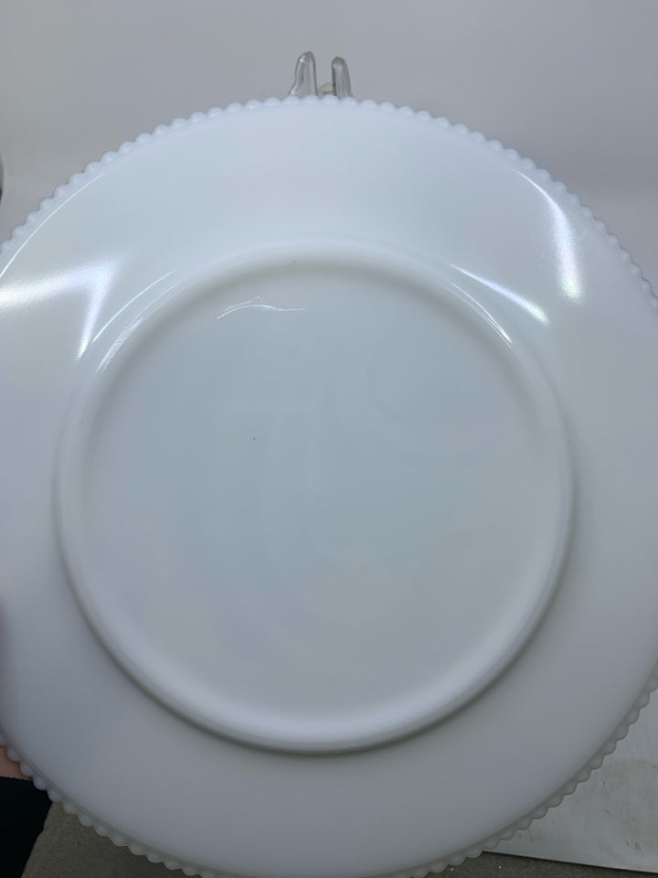 5 MILK GLASS W/ BEADED EDGE DINNER PLATES.