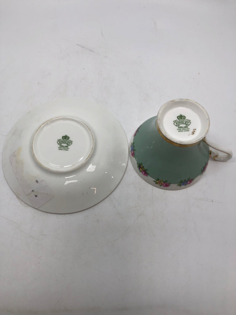 VTG TEAL FLORAL TEACUP/SAUCER.