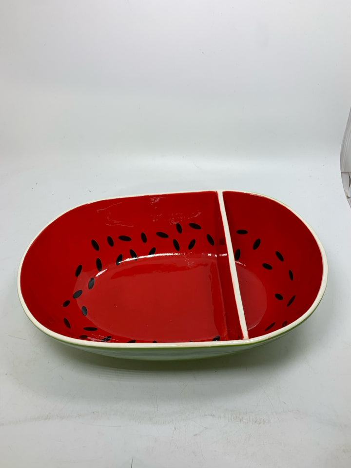 CERAMIC WATERMELON SHAPED DIVIDED BOWL.