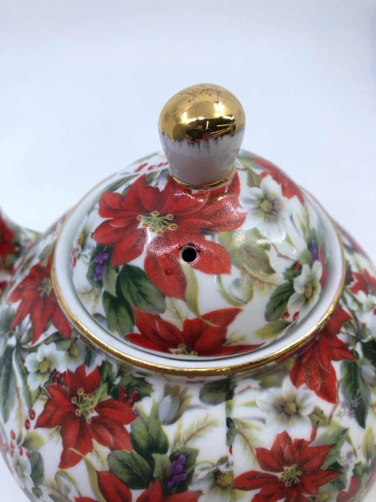 WHITE W/ RED POINSETTIA TEA POT.