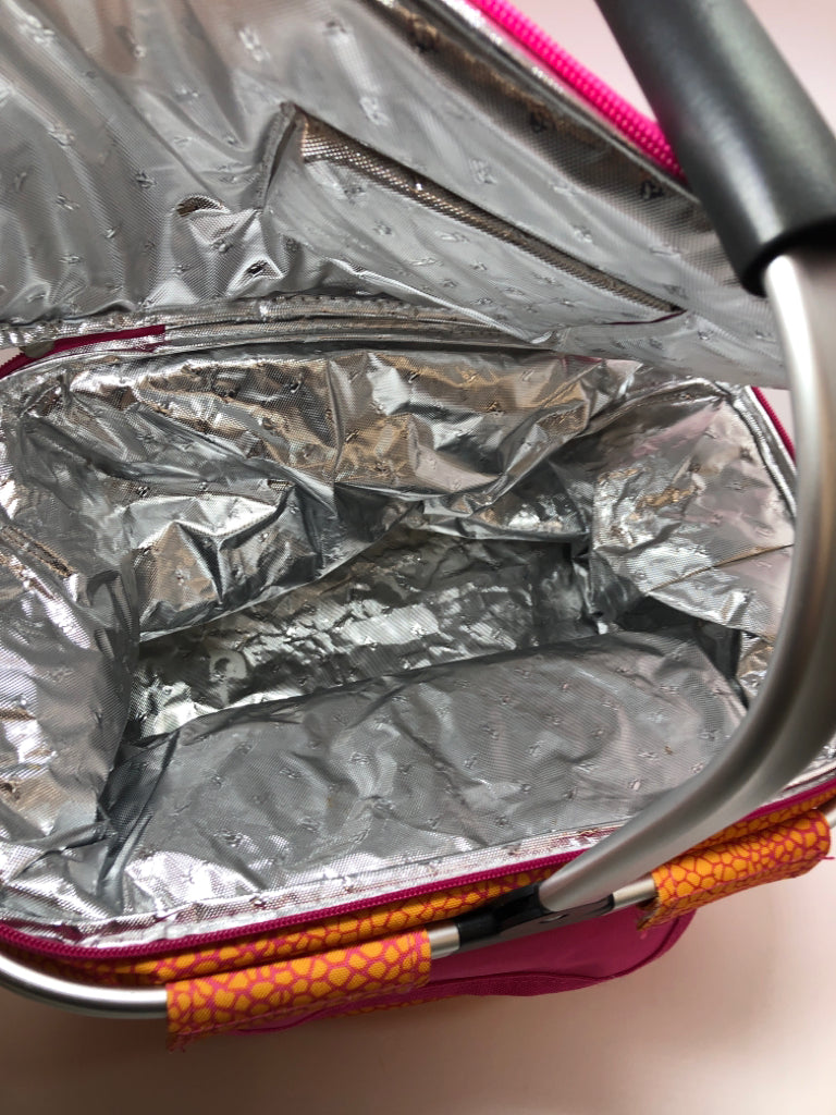 PINK & ORANGE INSULATED BAG W/SILVERWARE & NAPKINS.