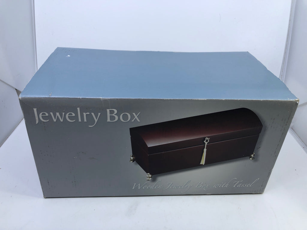 NIB DARK WOOD JEWELRY BOX W/TASSEL.