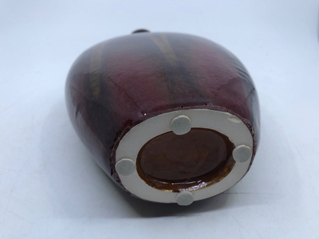 BROWN GLAZED POTTERY VASE WITH HANDLES.
