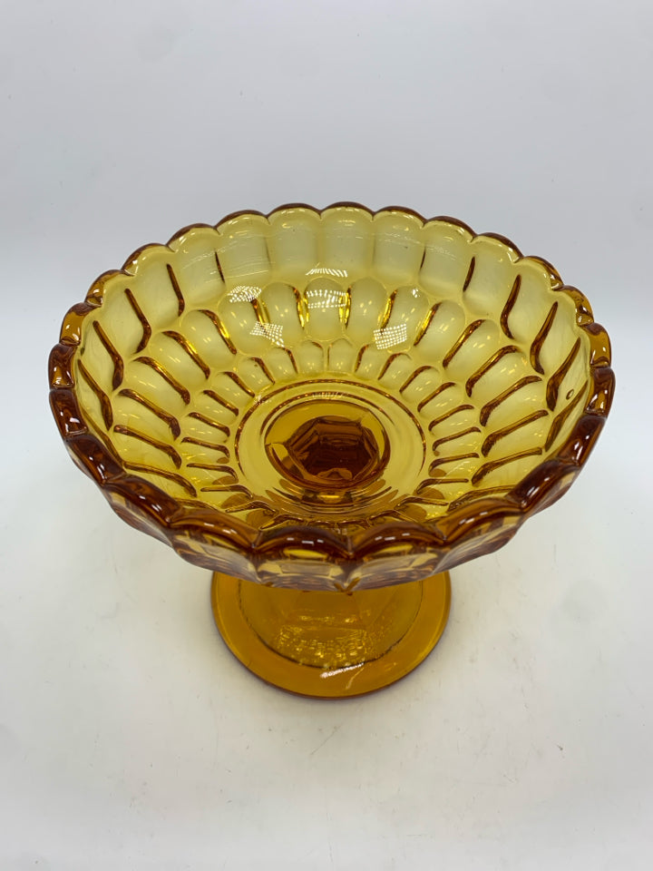 VTG AMBER GLASS FOOTED CANDY DISH.