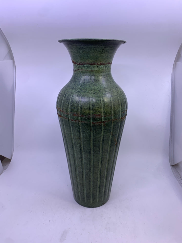 GREEN METAL LARGE VASE.