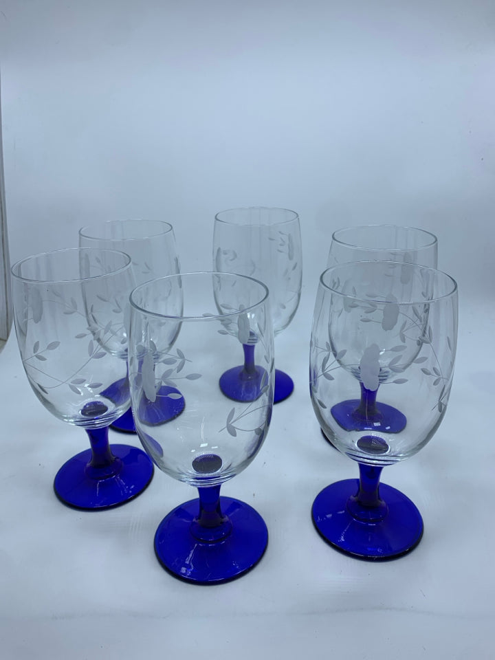 6 BLUE STEM GLASSES W/FLORAL ETCHING.