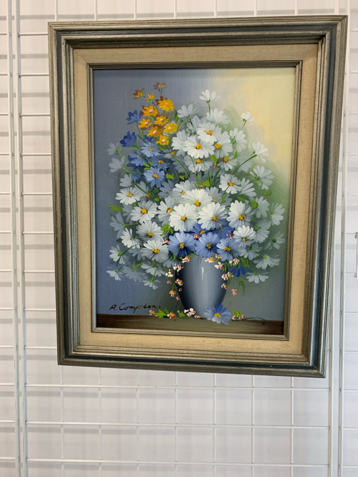 VTG PAINTED BLUE BOUQUET IN FRAME.
