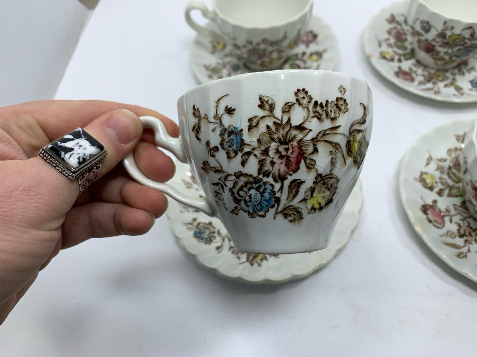 VTG 8PC SVC 4 STAFFORDSHIRE BOUQUET TEA CUPS/SAUCERS.