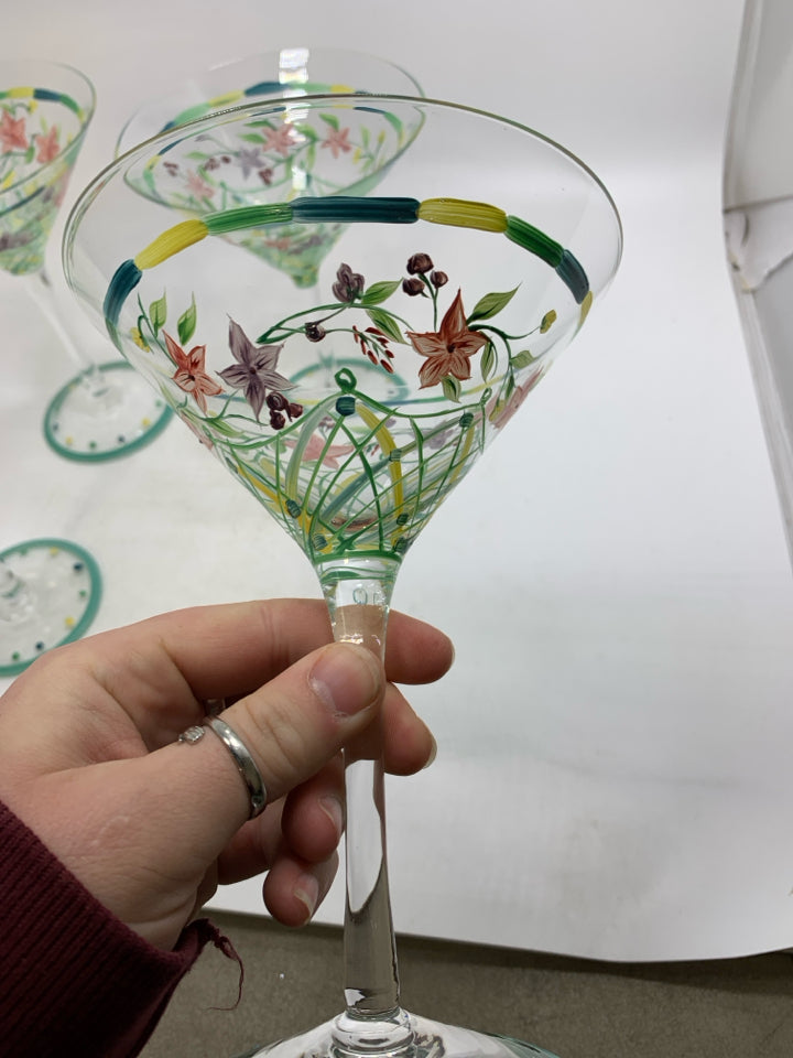 4 FLORAL PAINTED MARTINI GLASSES.