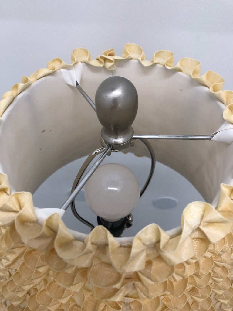 SILVER FLOOR LAMP W/CREAM RUFFLE SHADE.