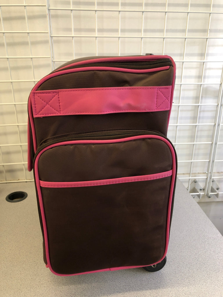 PINK AND BROWN ROLLING SCRAPBOOK CASE.