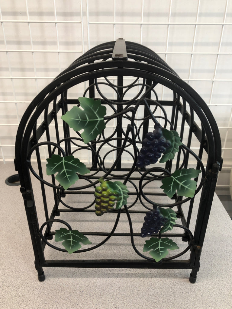 9 BOTTLE BLACK METAL WINE RACK W GRAPES.