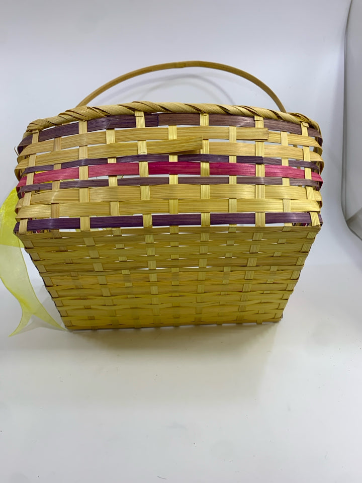 YELLOW & PURPLE WICKER BASKET W/HANDLE & RIBBON.
