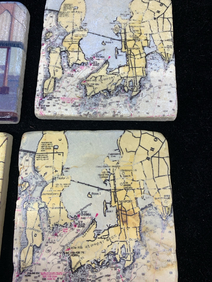 4 ROAD ISLAND THEME STONE SQUARE COASTERS.