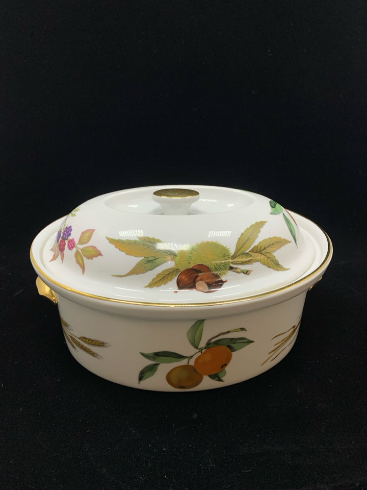 VTG FRUIT DESIGN OVAL COVERED CASSEROLE DISH.