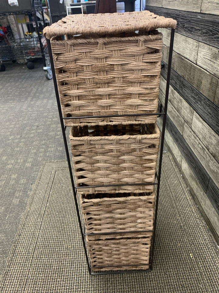 4 TIER WOVEN BASKET SHELF.