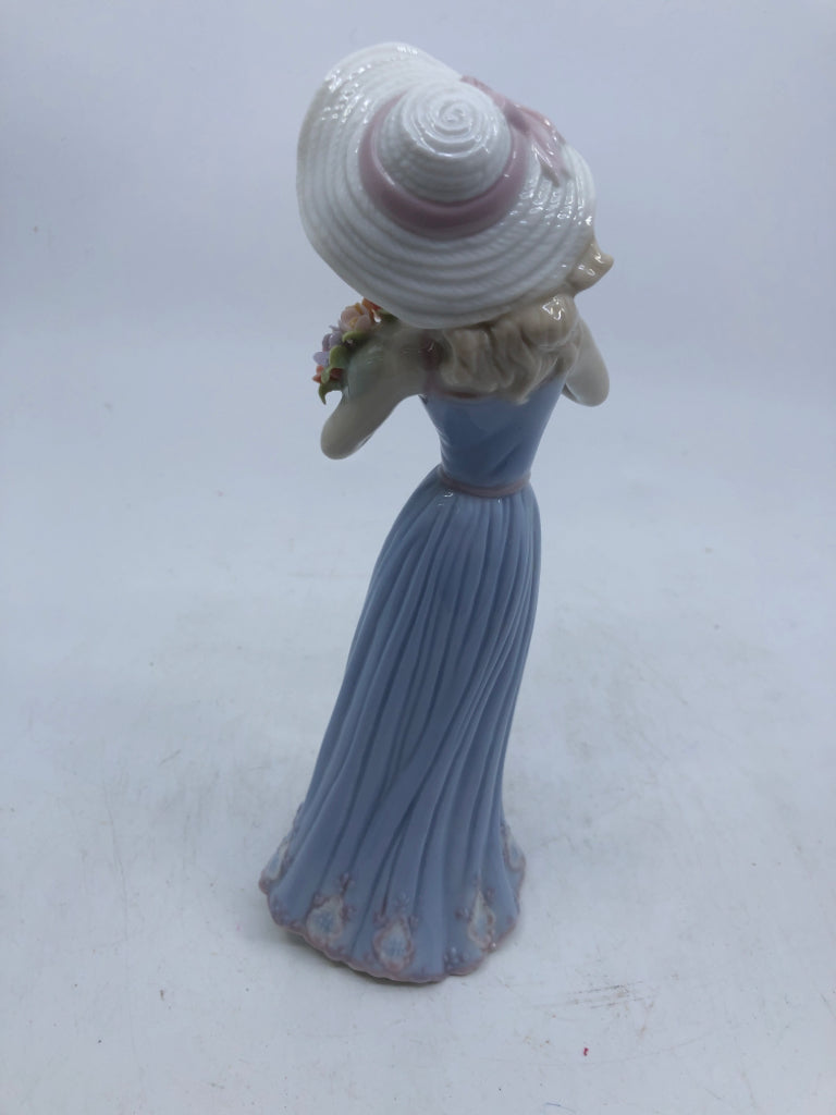GIRL IN BLUE DRESS W FLORAL- GATHERING FLOWERS.