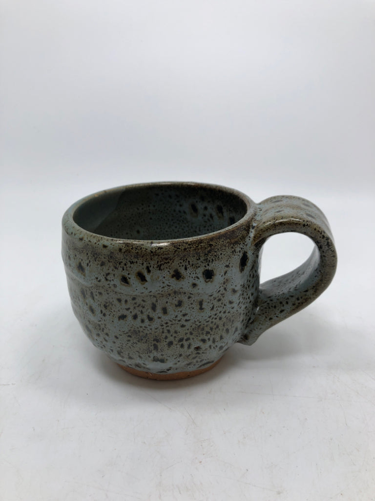 DUSTY BLUE BROWN SPOTTED POTTERY MUG.