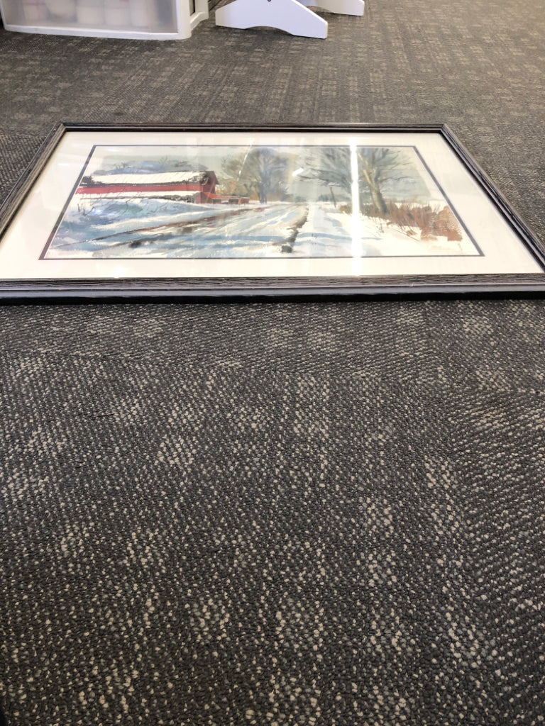 SNOW COVERED BRIDGE WATER COLOR PRINT BLACK DISTRESSED FRAME.