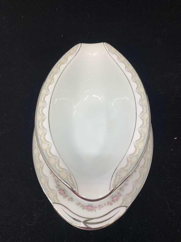 OVAL GRAVY BOAT W/ PINK ROSES RIM NORITAKE CHINA.