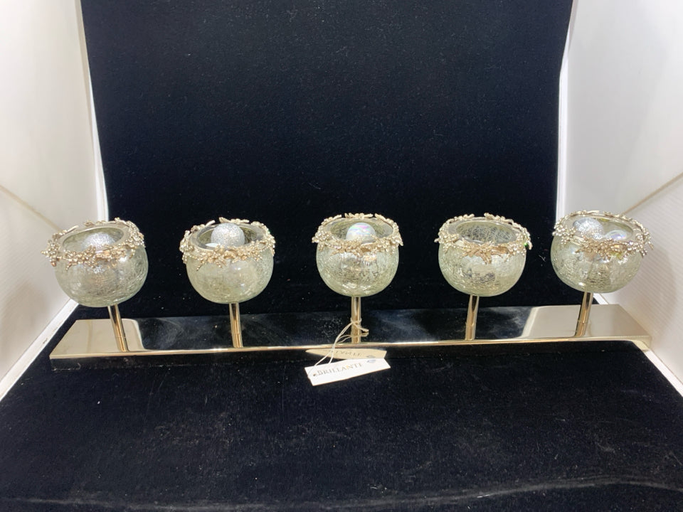 SPARKLY MANTEL CANDLE HOLDERS W/ORNAMENTS.
