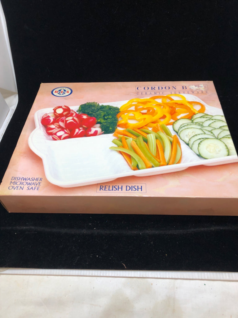 NIB CORDON BLEU RELISH DISH.