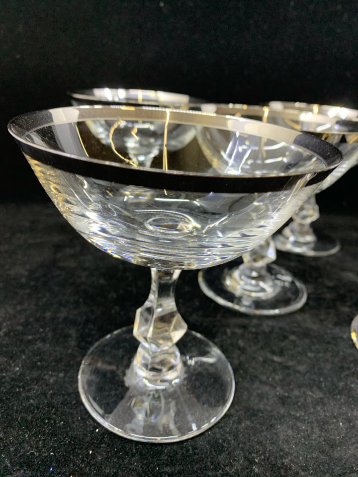 5 SILVER RIM FOOTED GLASS DESSERT CUPS.
