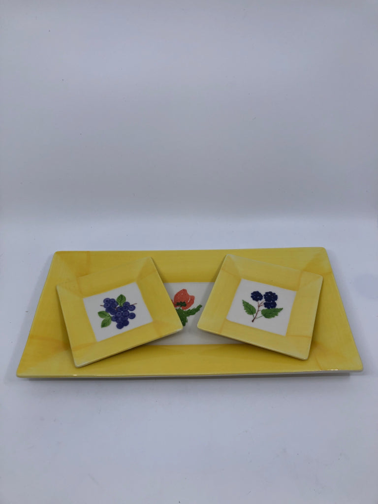 3PC PORTUGUESE YELLOW CERAMIC PLATTER + 2 PLATES.