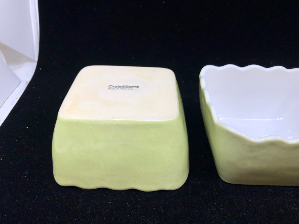 2 LIGHT GREEN SQUARE BOWLS W/ SCALLOP EDGE CRATE&BARREL.